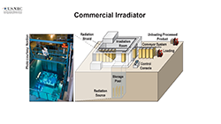 An illustration diagram of a Commercial Irradiator, showing a cutaway with descriptions of various parts, and a photo taken from above, of an existing storage pool and how it relates to the cutaway illustration, and the title: Commercial Irradiator